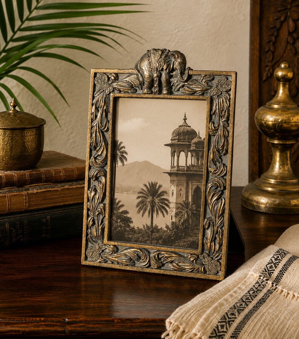 Ornate Elephant Picture Frame Bronze Gold Floral Indian Boho Tabletop Decor